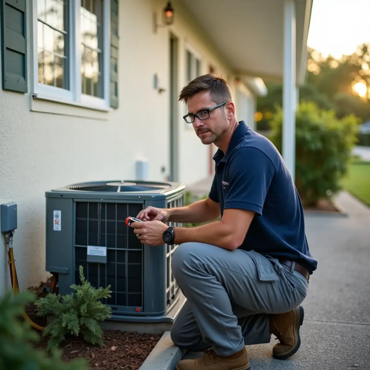 Technician servicing a package AC unit at a manufactured home in Englewood, FL