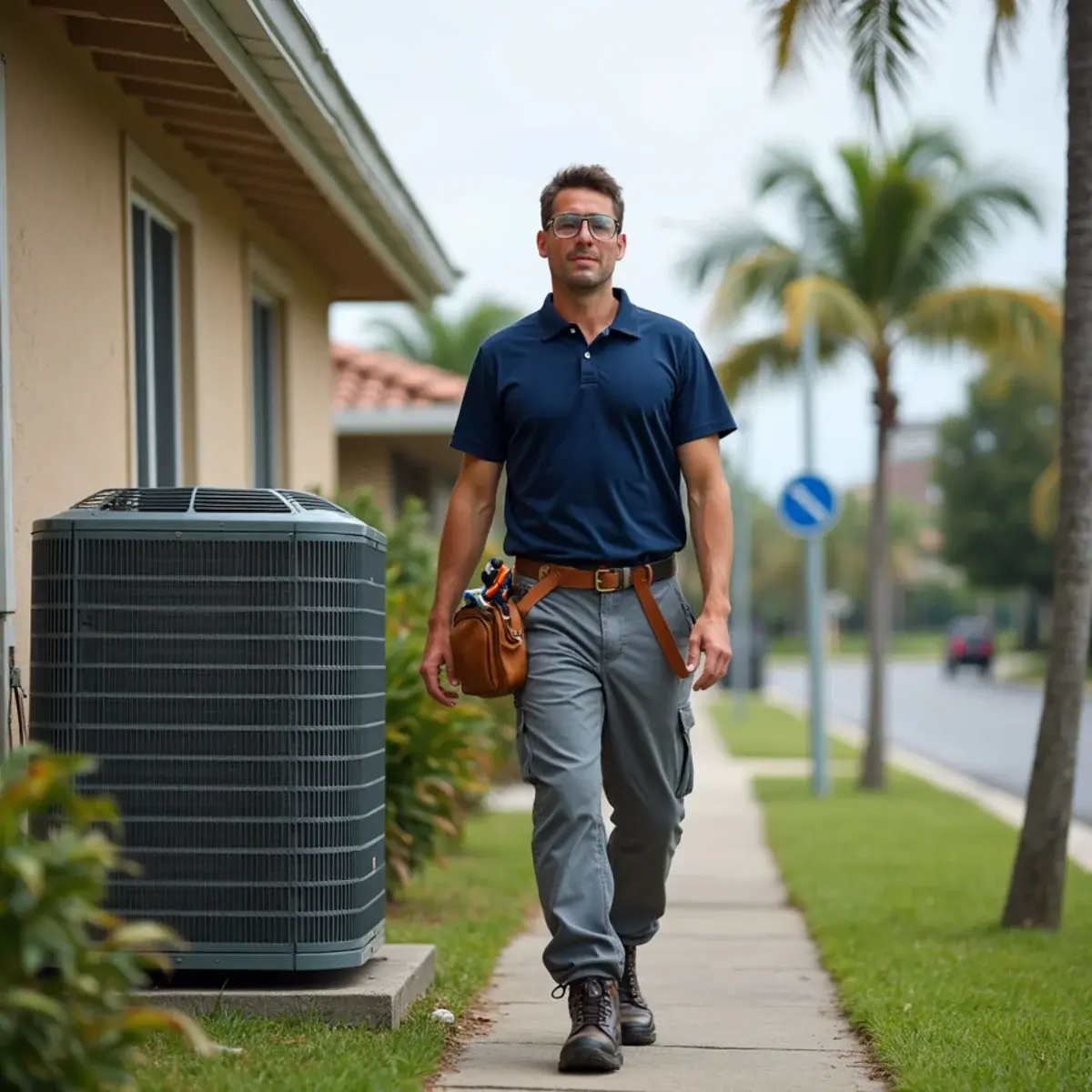 HVAC technician servicing an air conditioner at a home in Englewood, FL