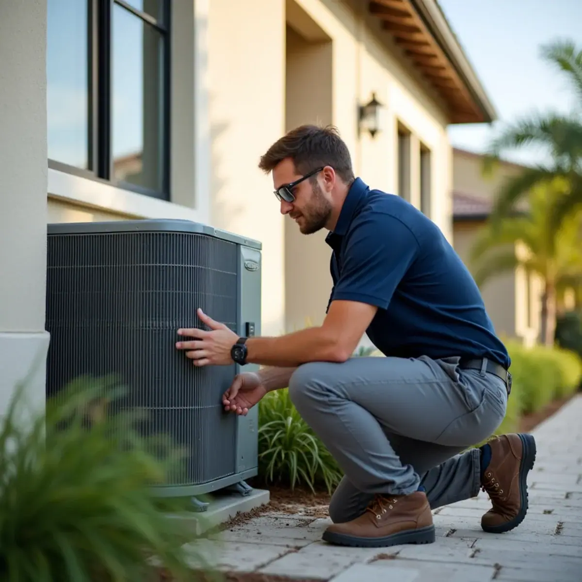 Modern heat pump outside a newer home in Estero, FL