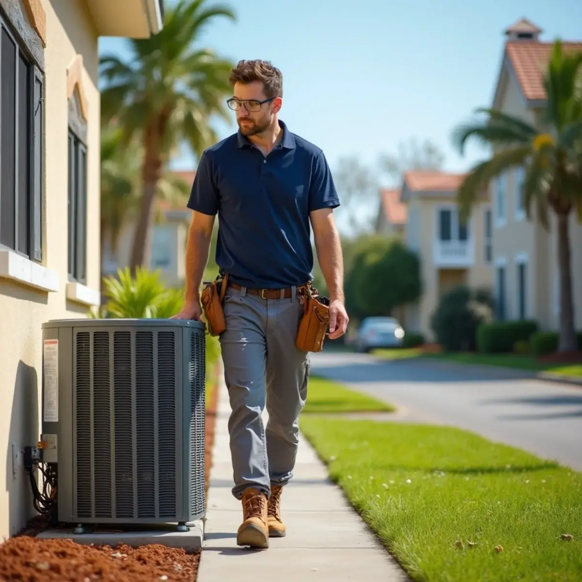 HVAC technician servicing an air conditioner at a home in Estero, FL