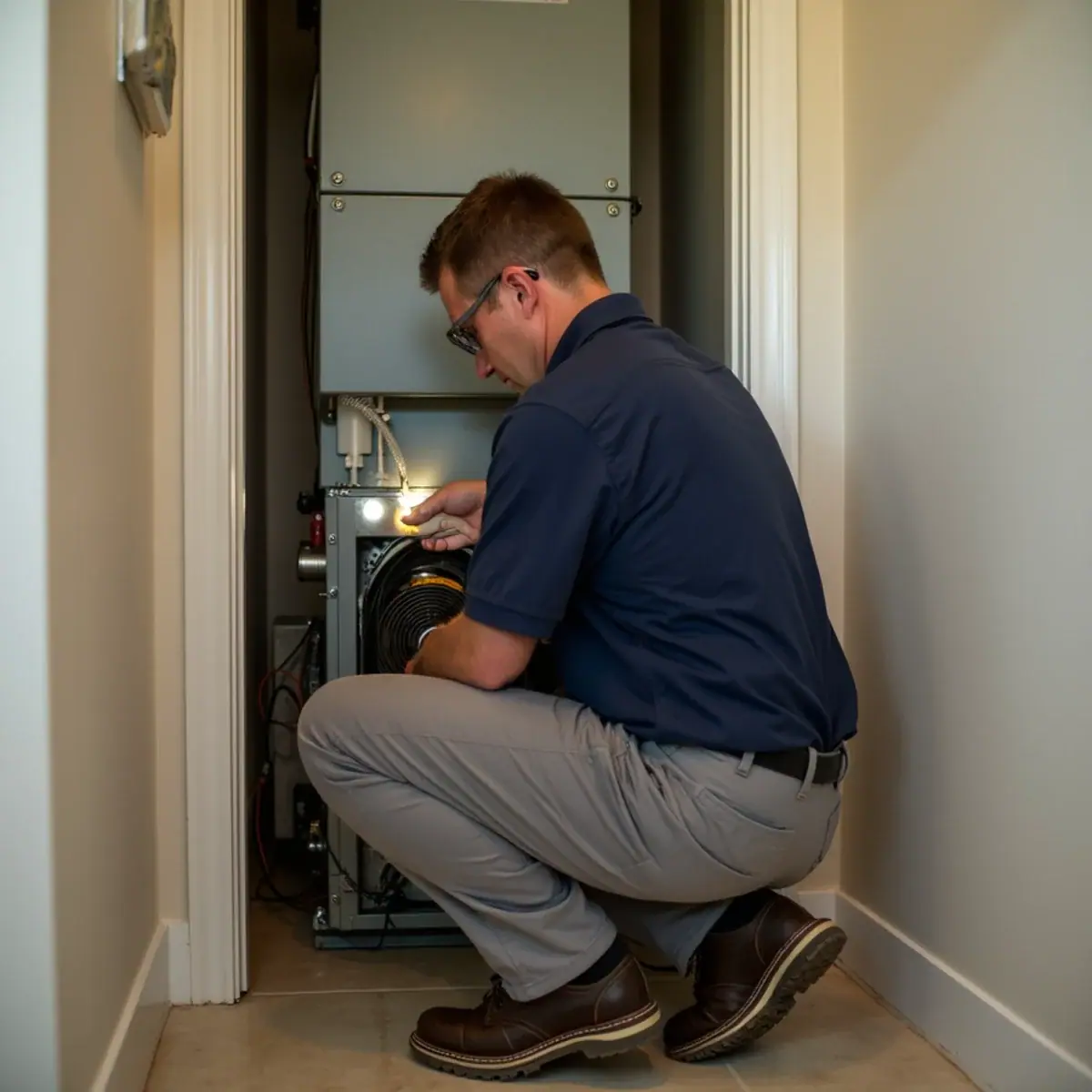 Technician servicing a closet air handler in a condo in Fort Myers, FL