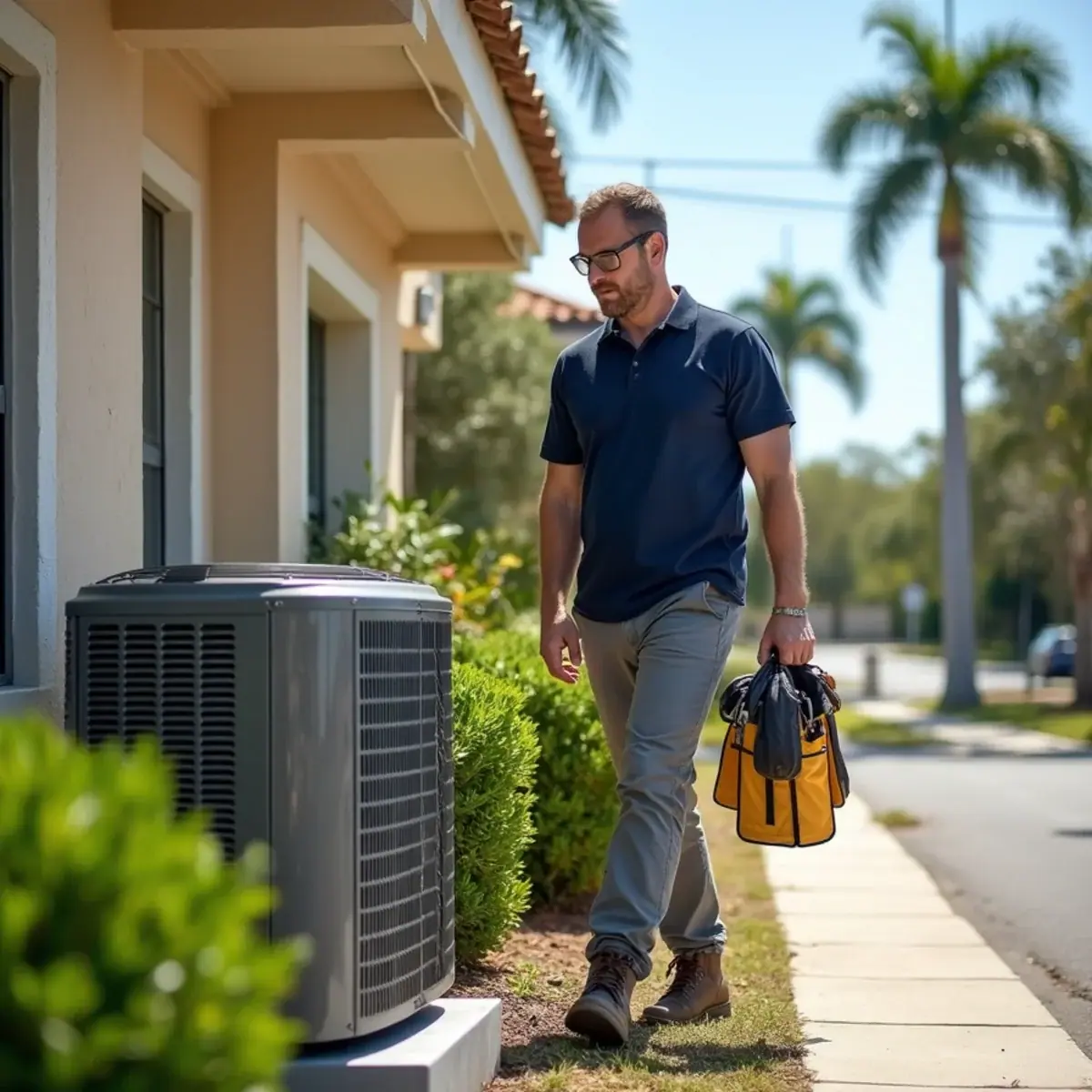 HVAC technician servicing an air conditioner at a home in Fort Myers, FL