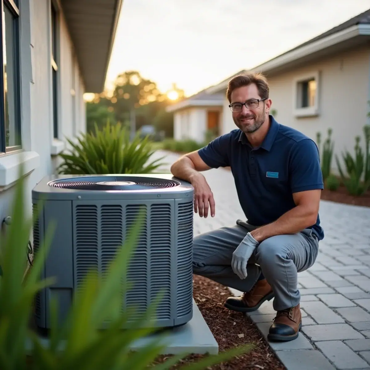 Modern heat pump outside a newer home in Fruitville, FL