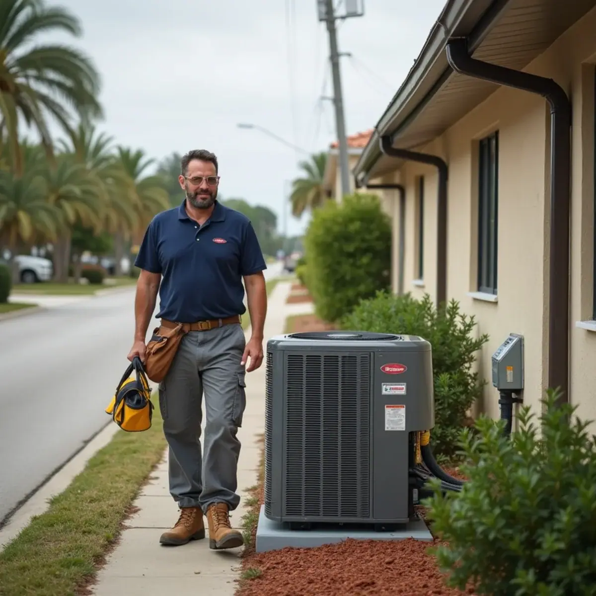 HVAC technician servicing an air conditioner at a home in Fruitville, FL