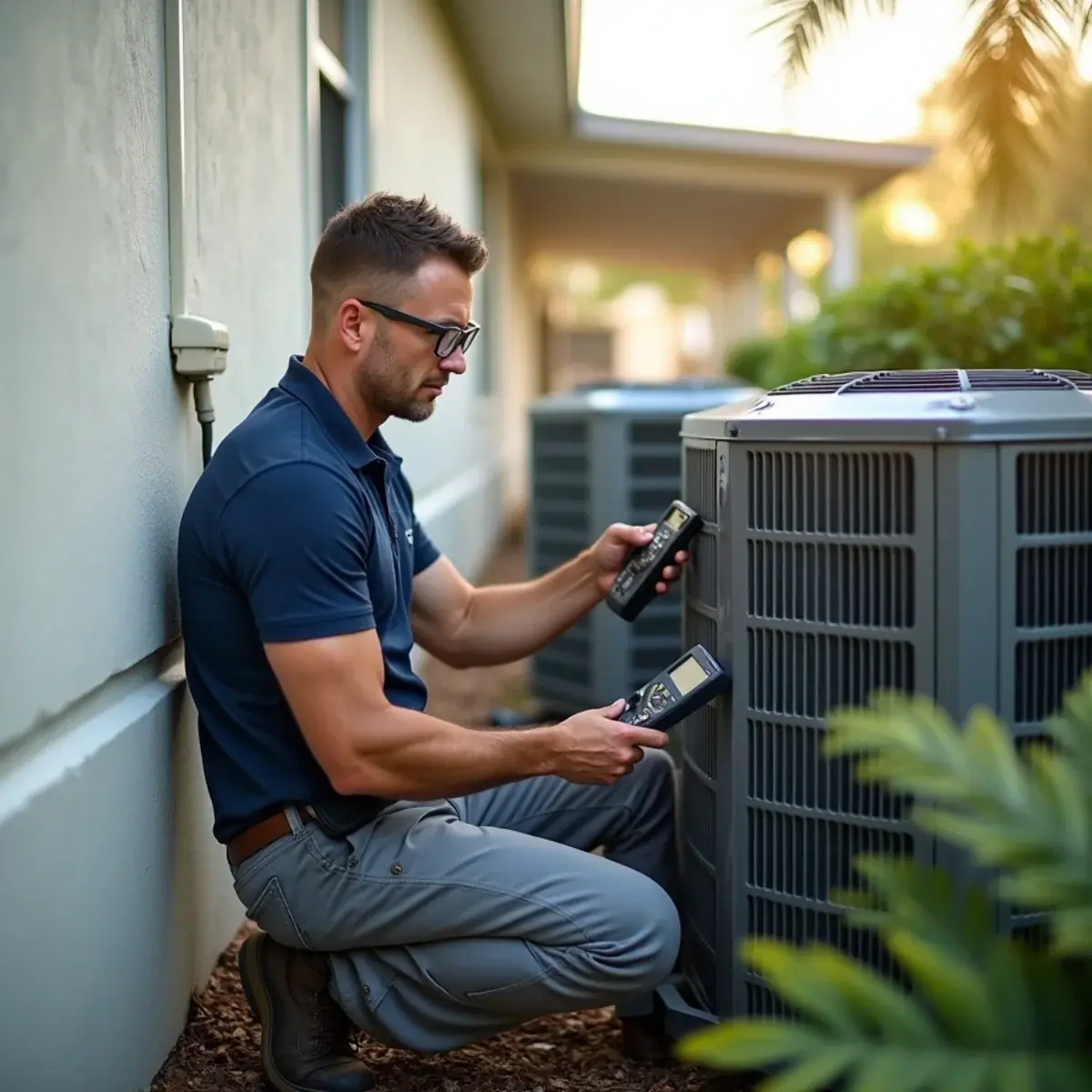 Technician servicing a package AC unit at a manufactured home in Grove City, FL