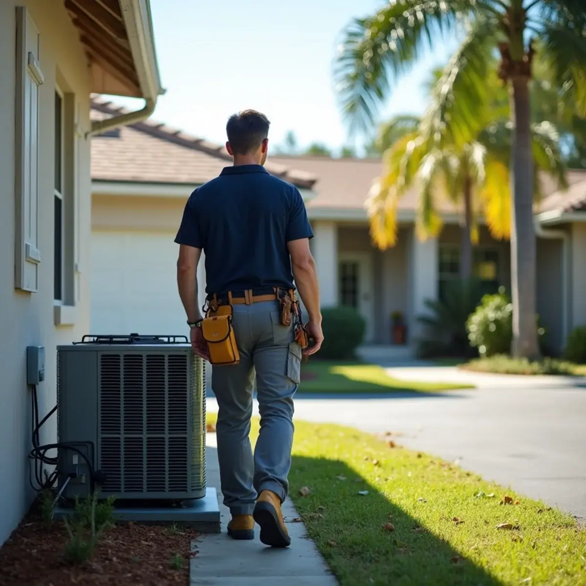HVAC technician servicing an air conditioner at a home in Grove City, FL