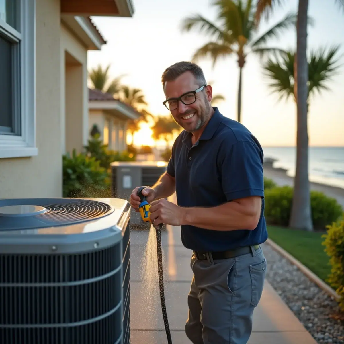 Coastal AC condenser on an elevated platform at a home in Gulf Gate Estates, FL
