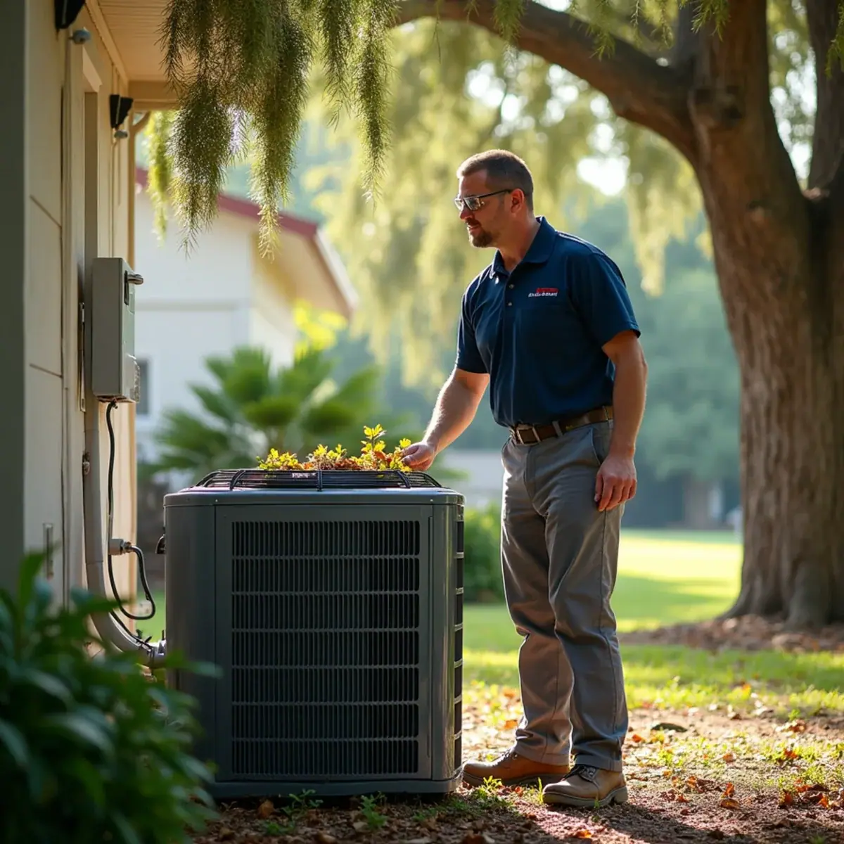 Technician clearing leaf debris from a tree-shaded AC unit in Harbour Heights, FL