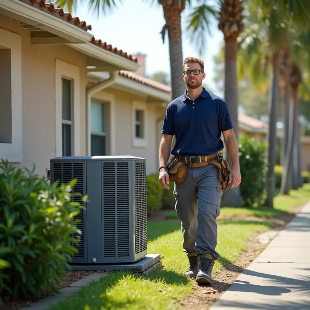 HVAC technician servicing an air conditioner at a home in Harbour Heights, FL