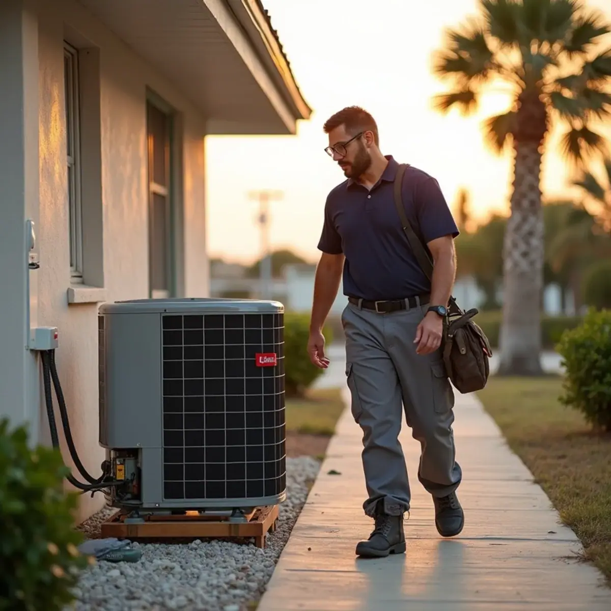 HVAC technician servicing an air conditioner at a home in Holmes Beach, FL
