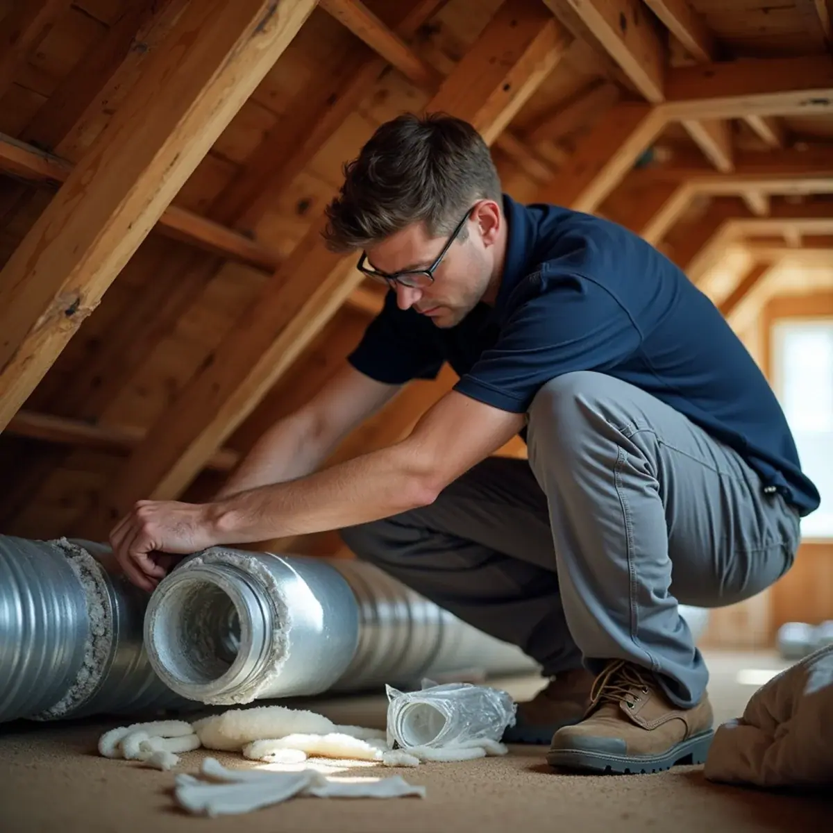 Technician inspecting original attic ductwork in a block home in Kensington Park, FL