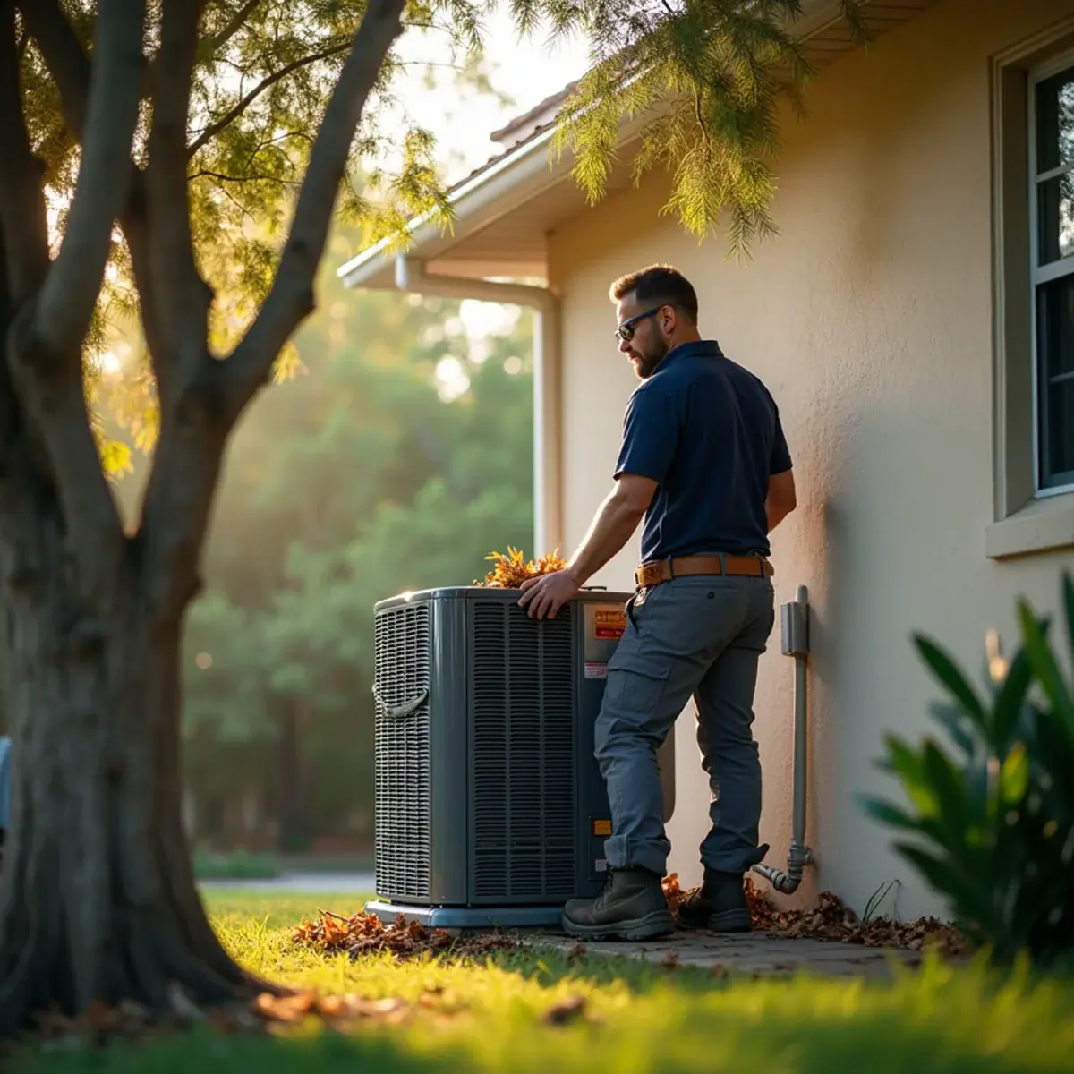Technician clearing leaf debris from a tree-shaded AC unit in Lake Sarasota, FL