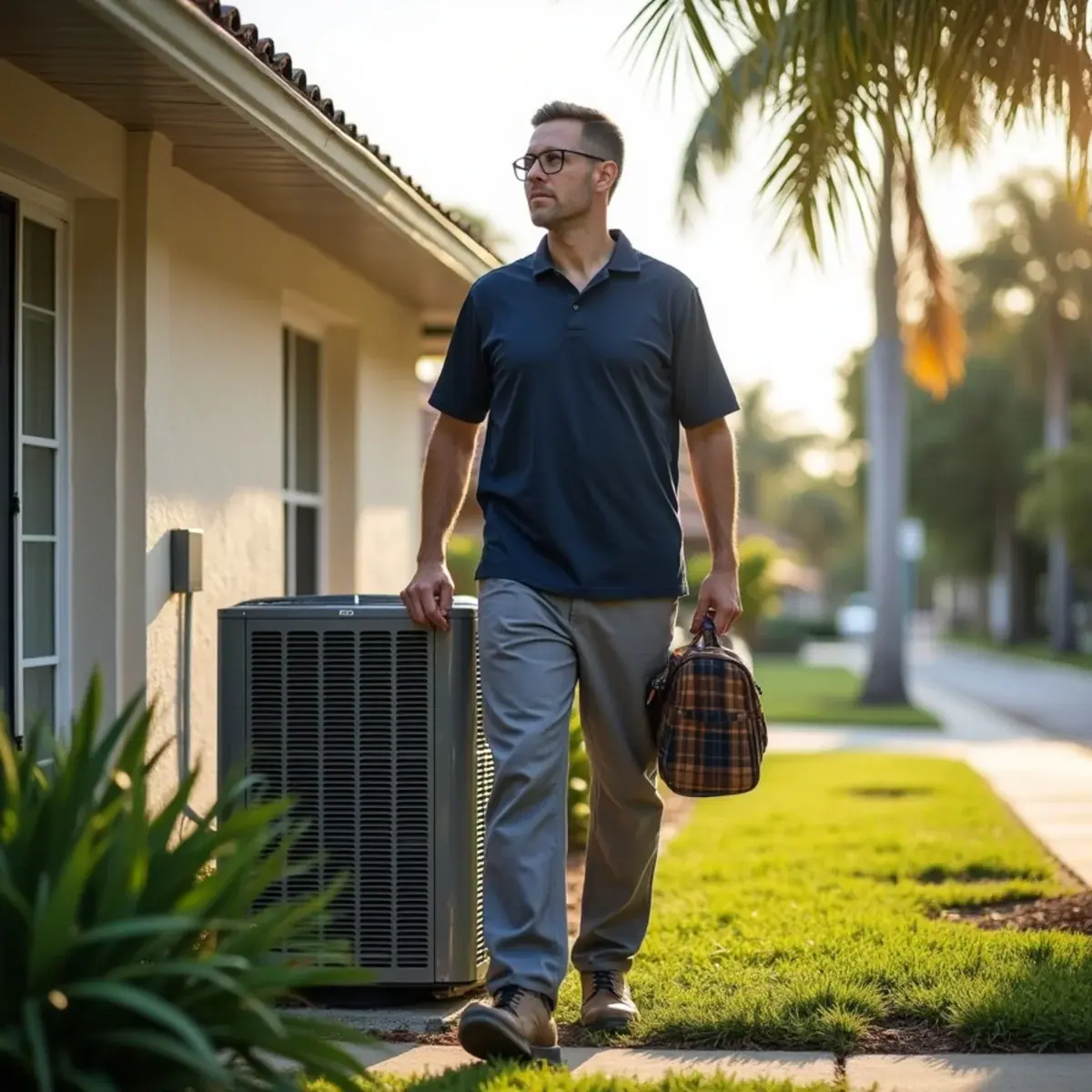 HVAC technician servicing an air conditioner at a home in Lake Sarasota, FL
