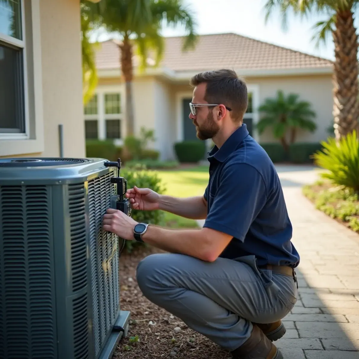 Technician servicing an outdoor AC unit at a home in Lake Suzy, FL
