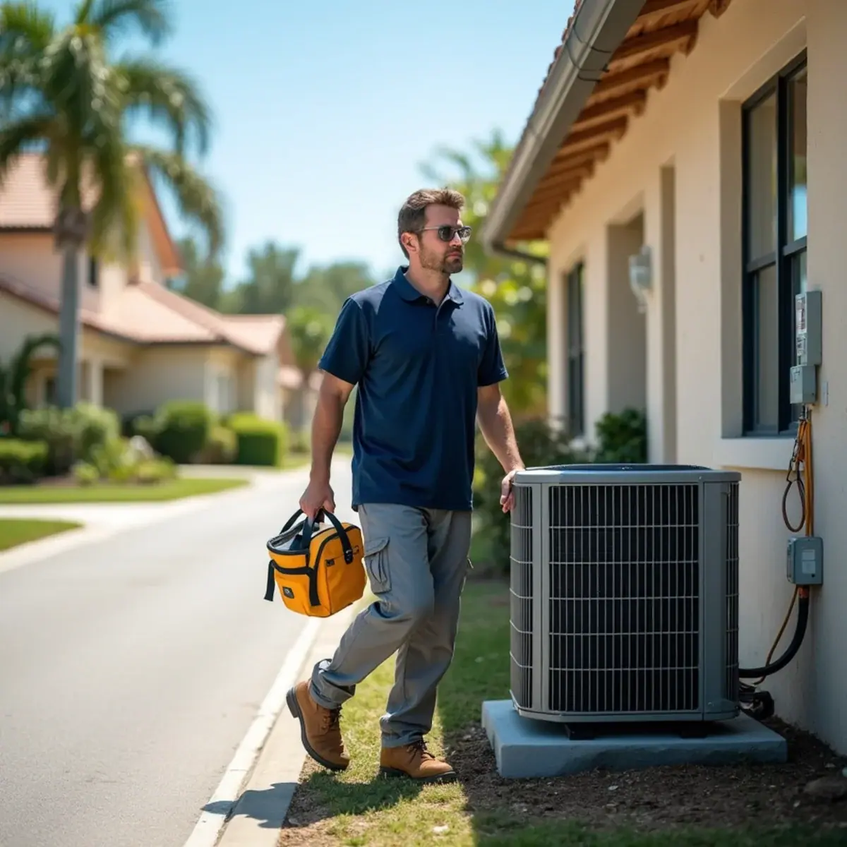 HVAC technician servicing an air conditioner at a home in Lake Suzy, FL