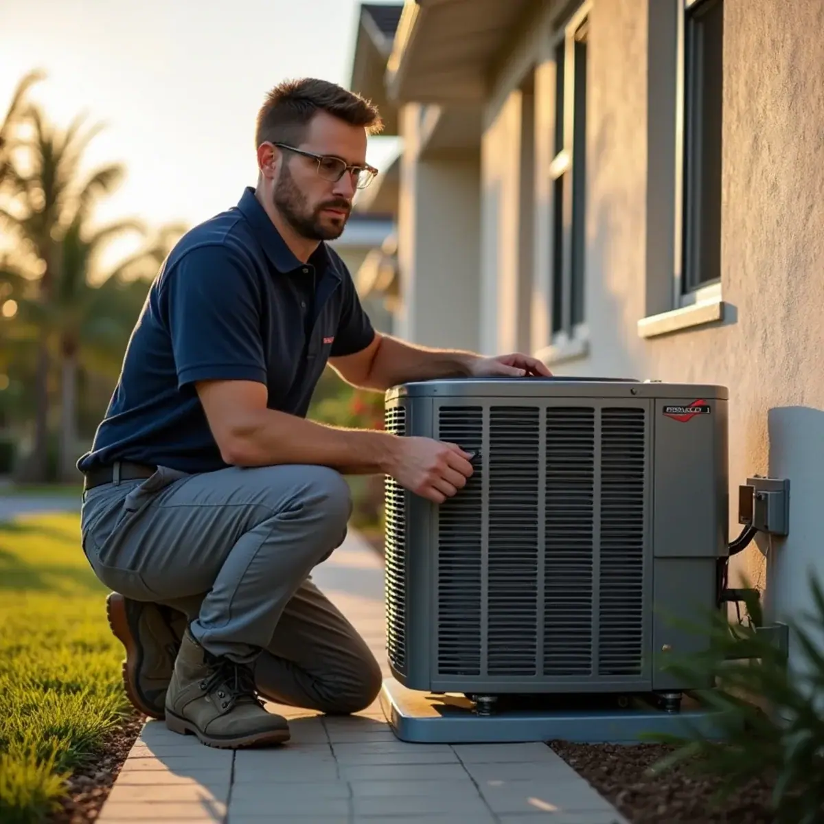 Modern heat pump outside a newer home in Laurel, FL