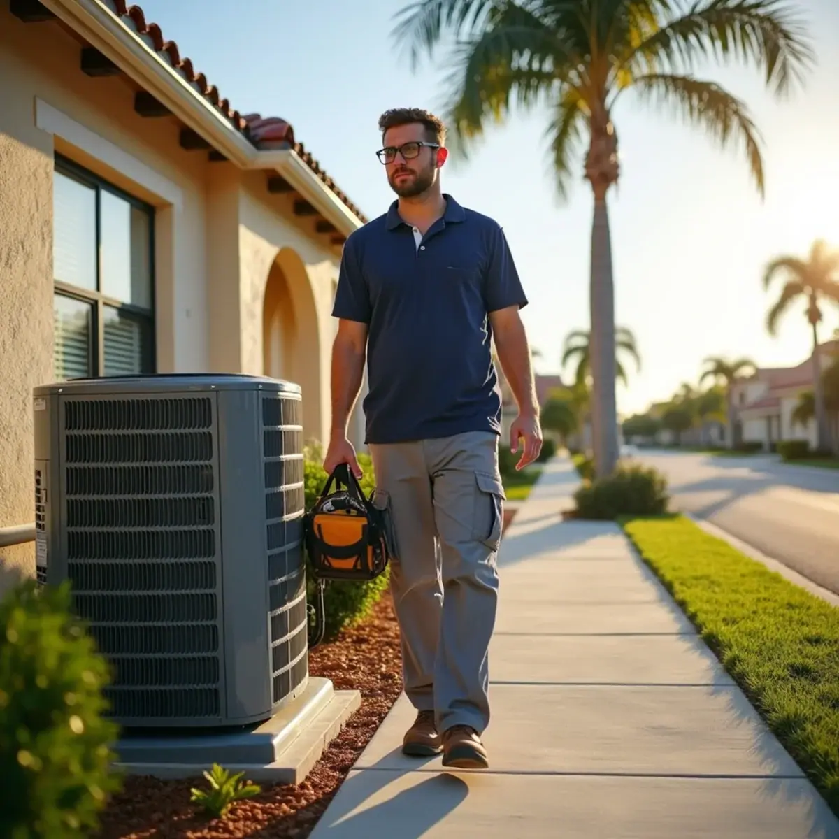 HVAC technician servicing an air conditioner at a home in Laurel, FL
