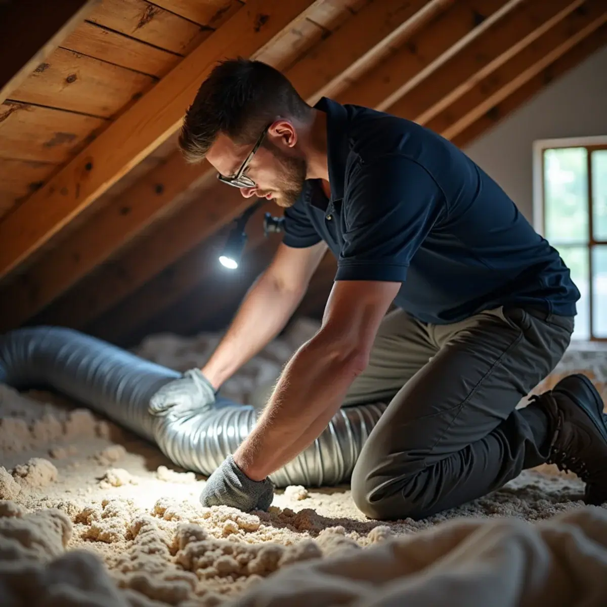Technician inspecting original attic ductwork in a block home in Lehigh Acres, FL