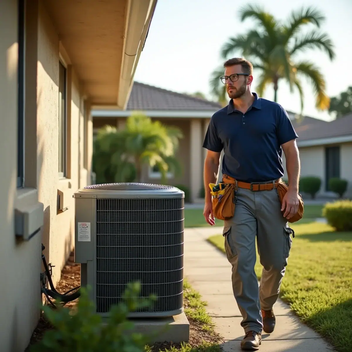 HVAC technician servicing an air conditioner at a home in Lehigh Acres, FL
