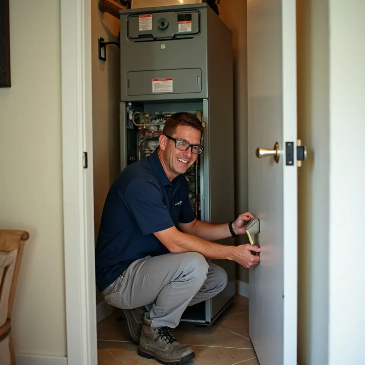 Technician servicing a closet air handler in a condo in Longboat Key, FL