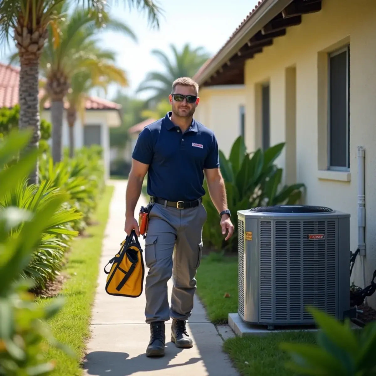 HVAC technician servicing an air conditioner at a home in Longboat Key, FL