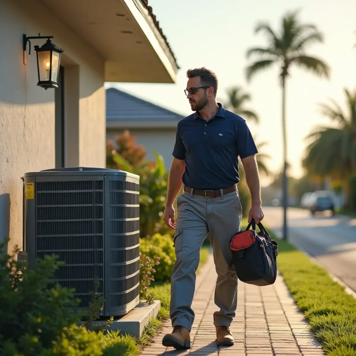 HVAC technician servicing an air conditioner at a home in Manasota Key, FL