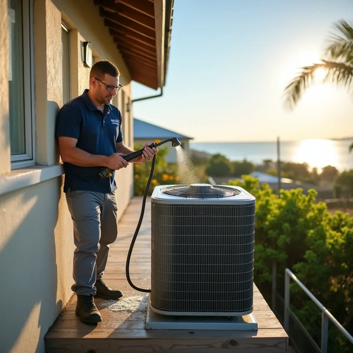 Coastal AC condenser on an elevated platform at a home in Nokomis, FL