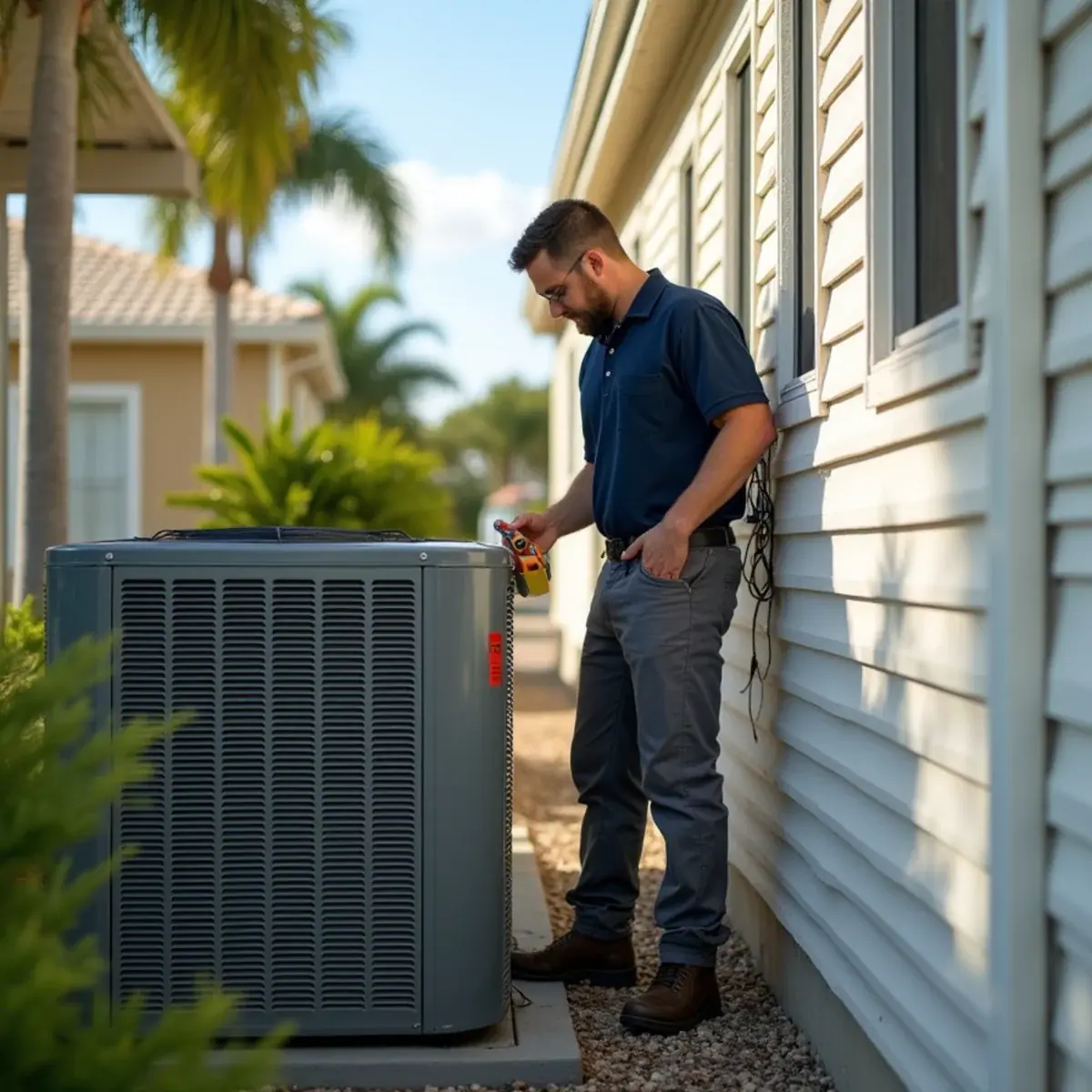 Technician servicing a package AC unit at a manufactured home in North Fort Myers, FL