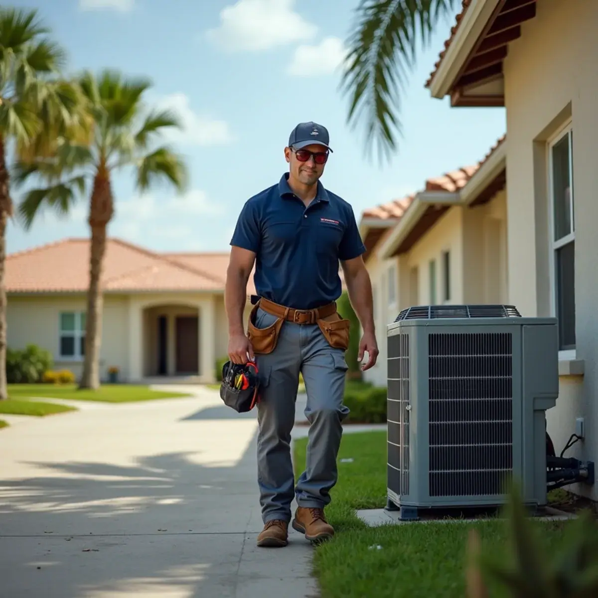 HVAC technician servicing an air conditioner at a home in North Port, FL