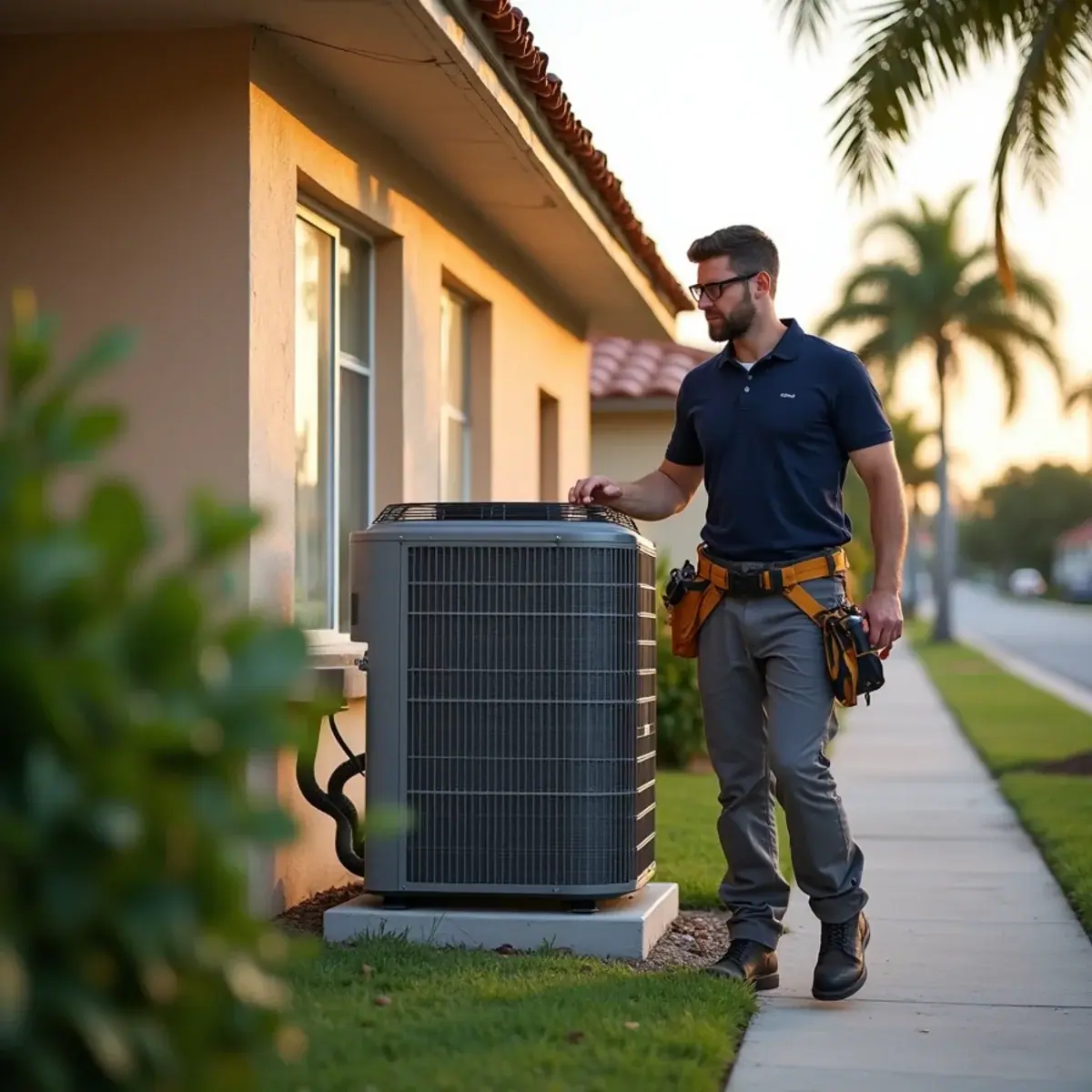 HVAC technician servicing an air conditioner at a home in North Sarasota, FL