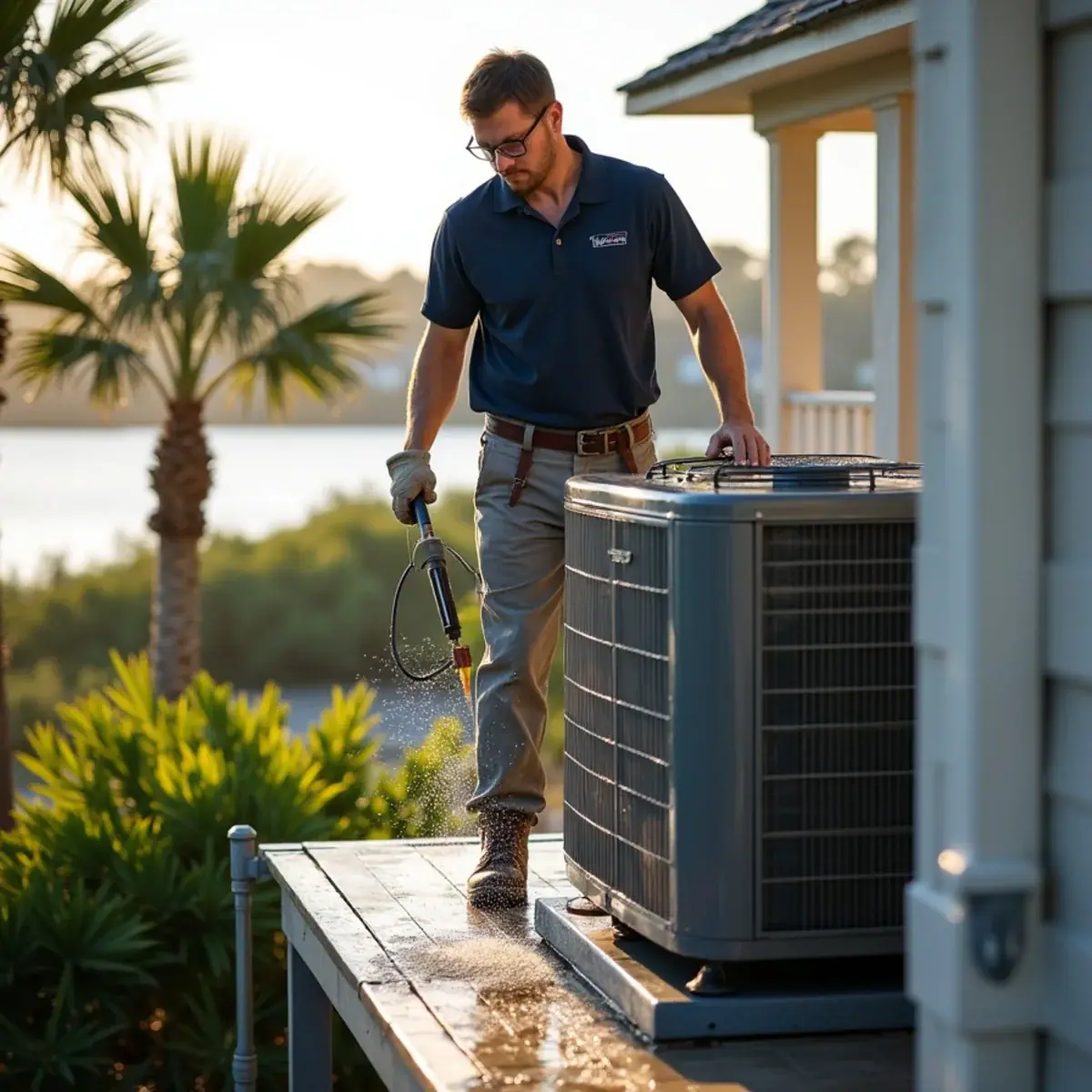 Coastal AC condenser on an elevated platform at a home in Osprey, FL