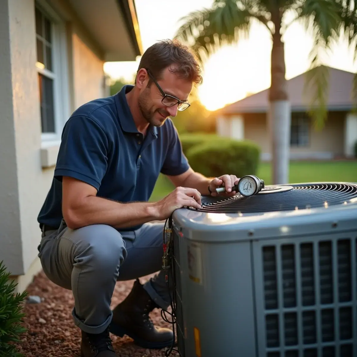 Technician servicing an outdoor AC unit at a home in Palmetto, FL