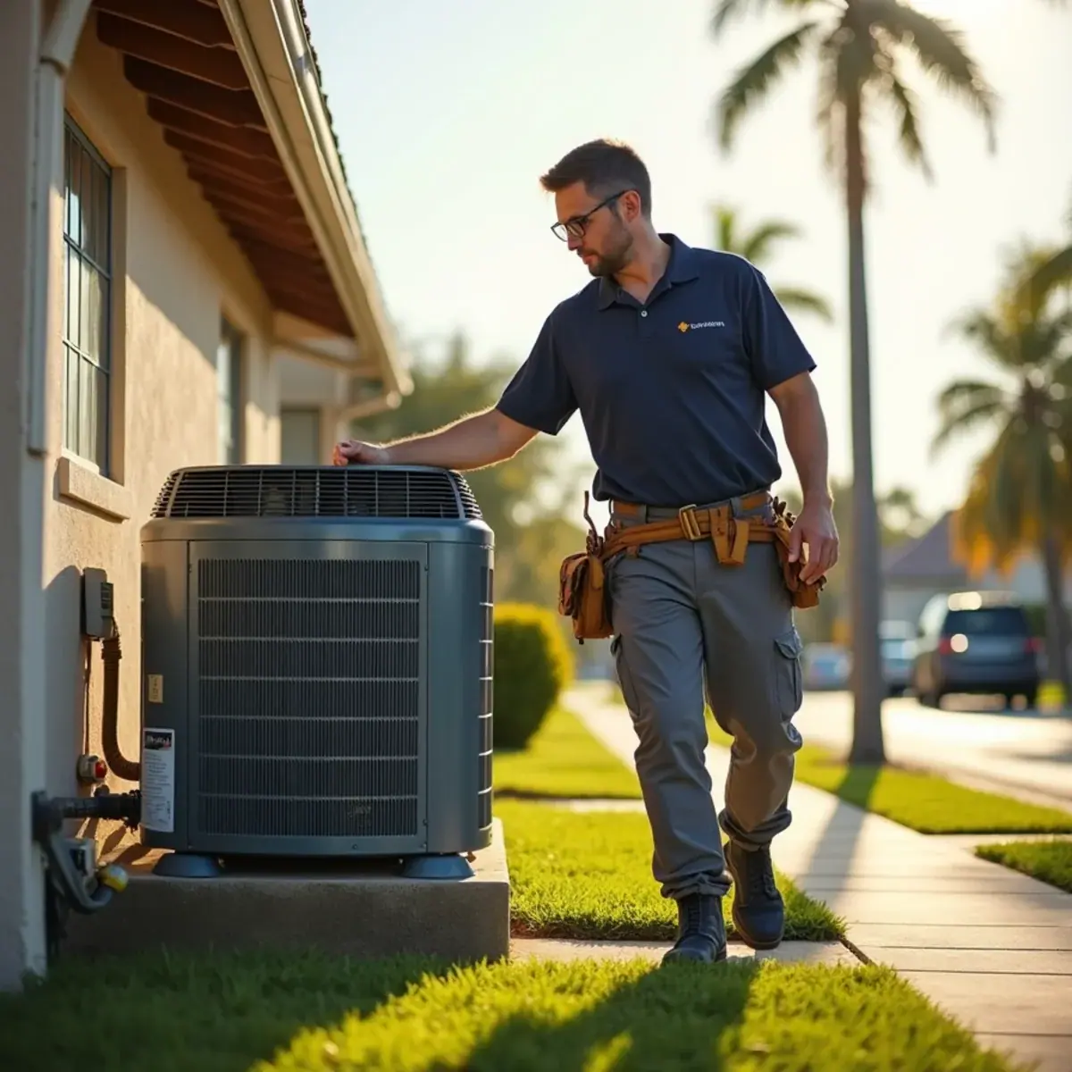 HVAC technician servicing an air conditioner at a home in Palmetto, FL