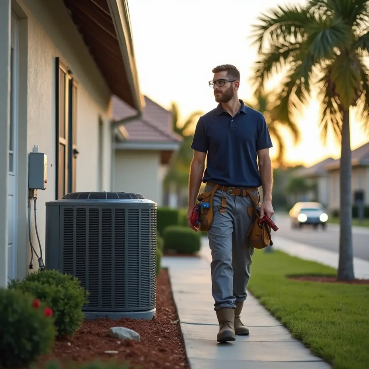 HVAC technician servicing an air conditioner at a home in Parrish, FL
