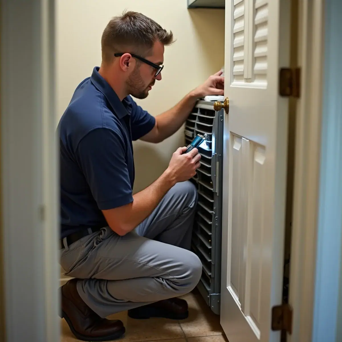 Technician servicing a closet air handler in a condo in Plantation, FL