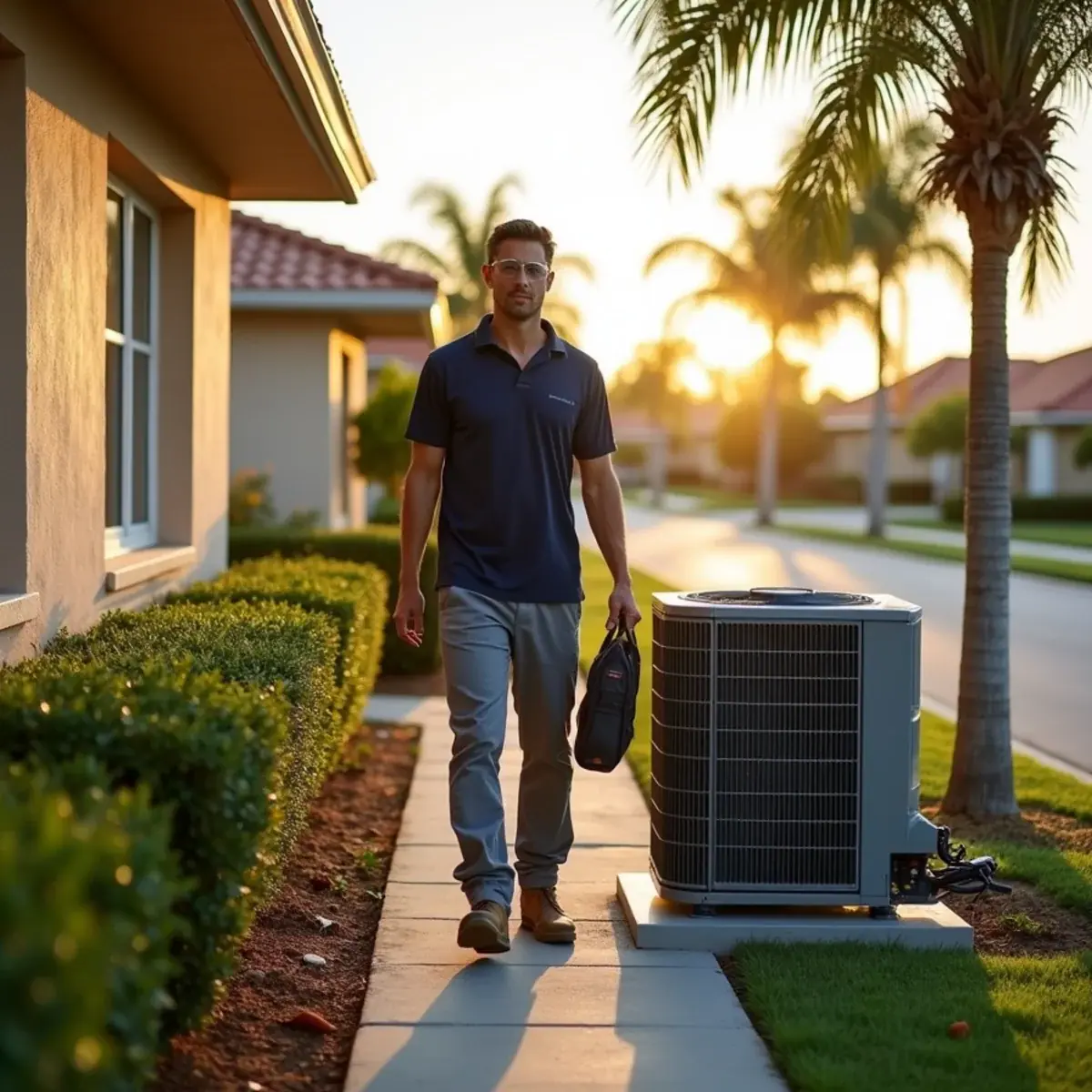 HVAC technician servicing an air conditioner at a home in Plantation, FL