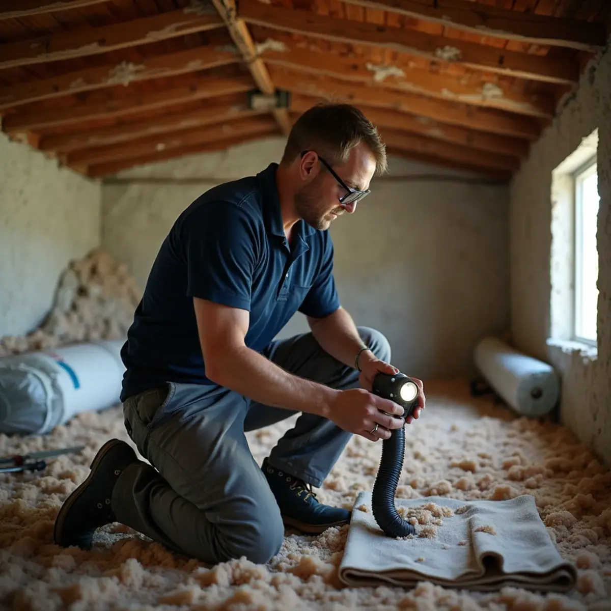 Technician inspecting original attic ductwork in a block home in Port Charlotte, FL