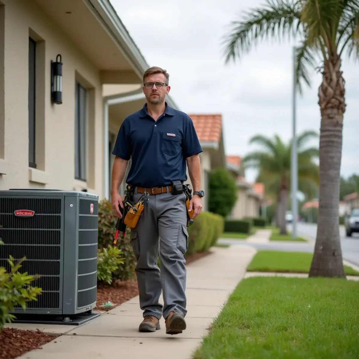 HVAC technician servicing an air conditioner at a home in Port Charlotte, FL