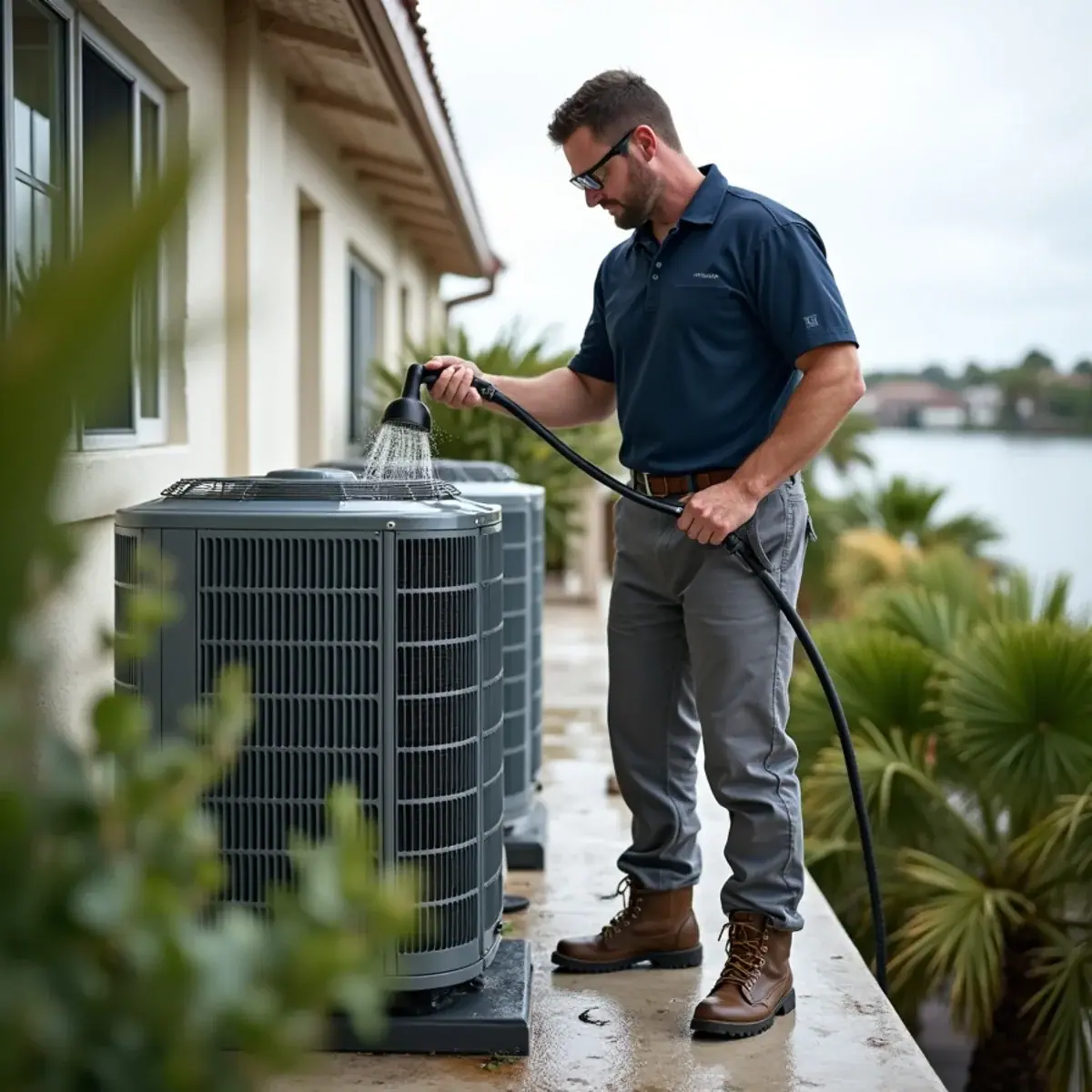 Coastal AC condenser on an elevated platform at a home in Punta Gorda, FL