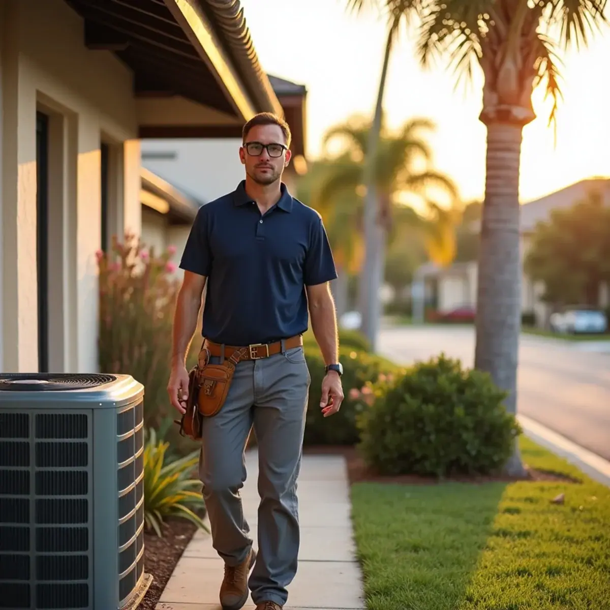 HVAC technician servicing an air conditioner at a home in Punta Gorda, FL