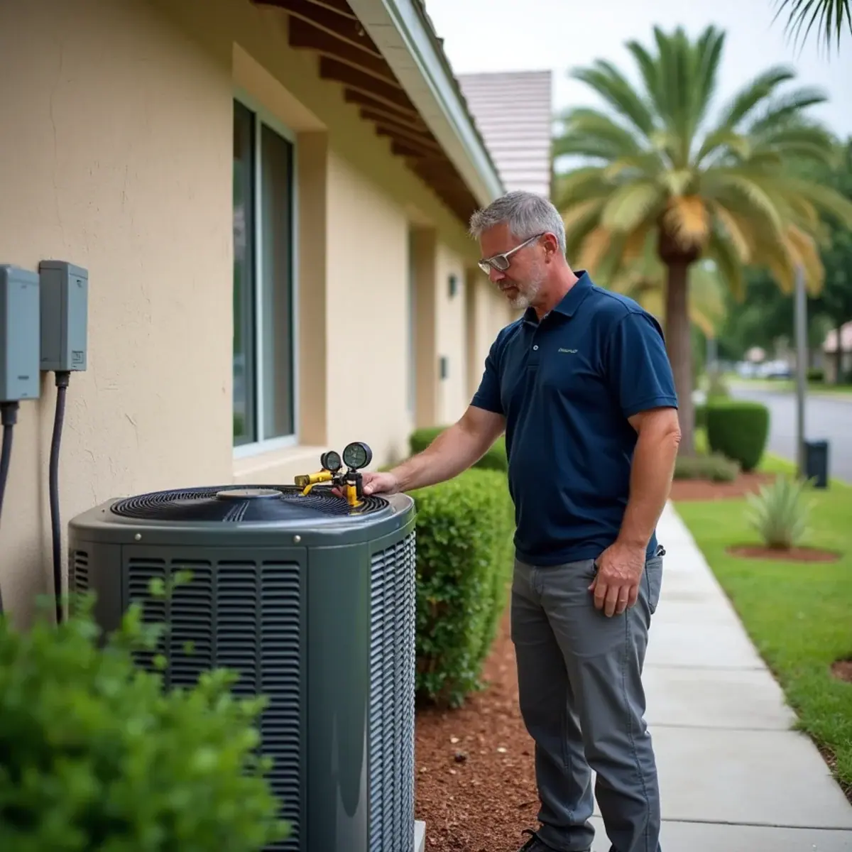 Technician servicing an outdoor AC unit at a home in Ridge Wood Heights, FL
