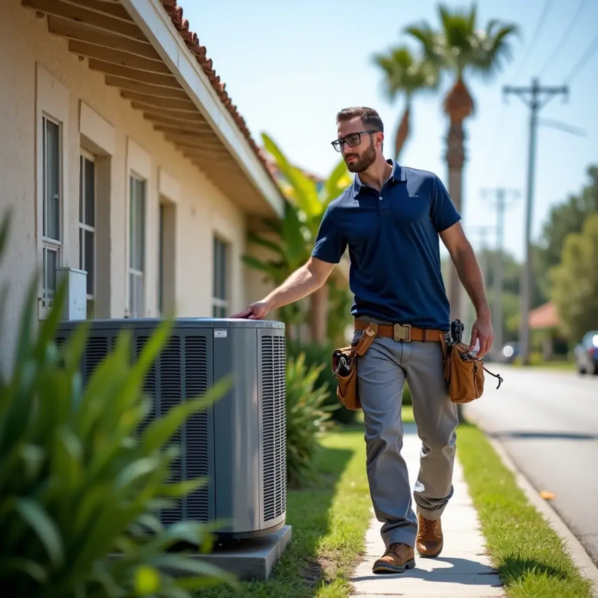 HVAC technician servicing an air conditioner at a home in Ruskin, FL