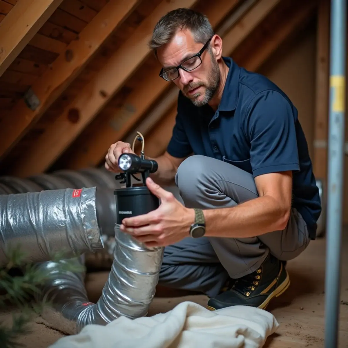 Technician inspecting original attic ductwork in a block home in Samoset, FL