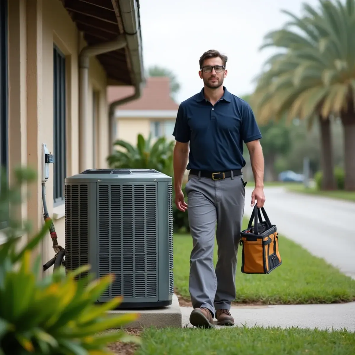 HVAC technician servicing an air conditioner at a home in Samoset, FL