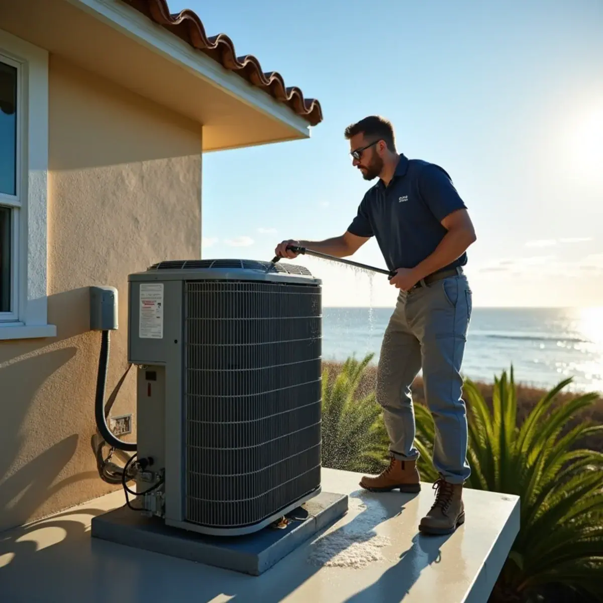 Coastal AC condenser on an elevated platform at a home in Sarasota County, FL