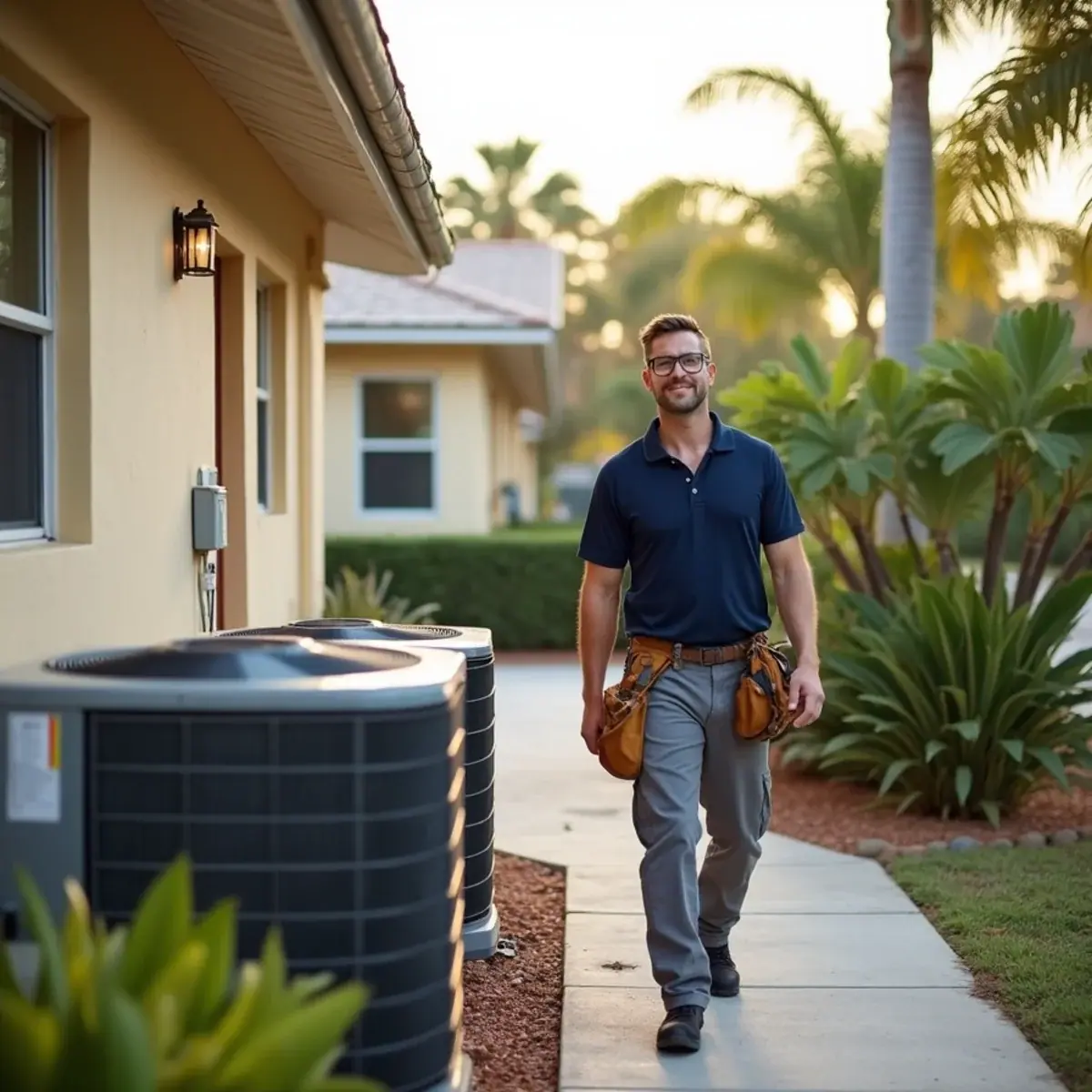 HVAC technician servicing an air conditioner at a home in Sarasota County, FL