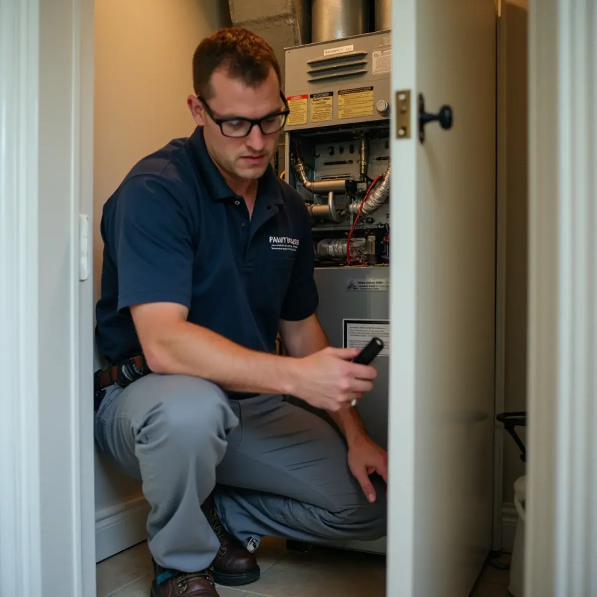 Technician servicing a closet air handler in a condo in Sarasota, FL