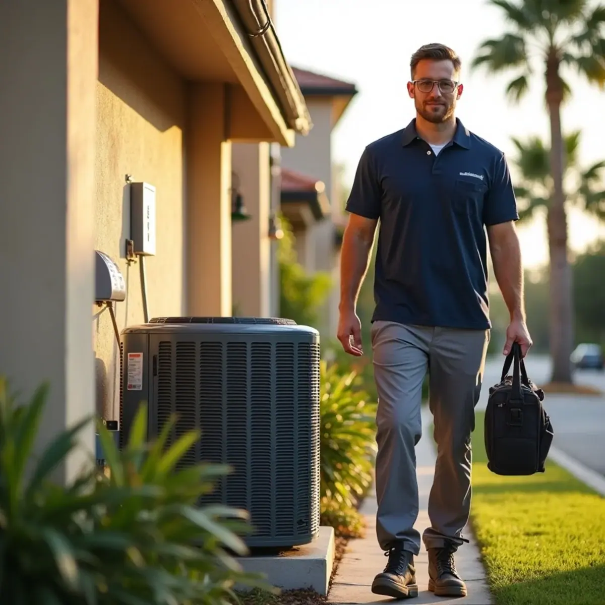 HVAC technician servicing an air conditioner at a home in Sarasota, FL