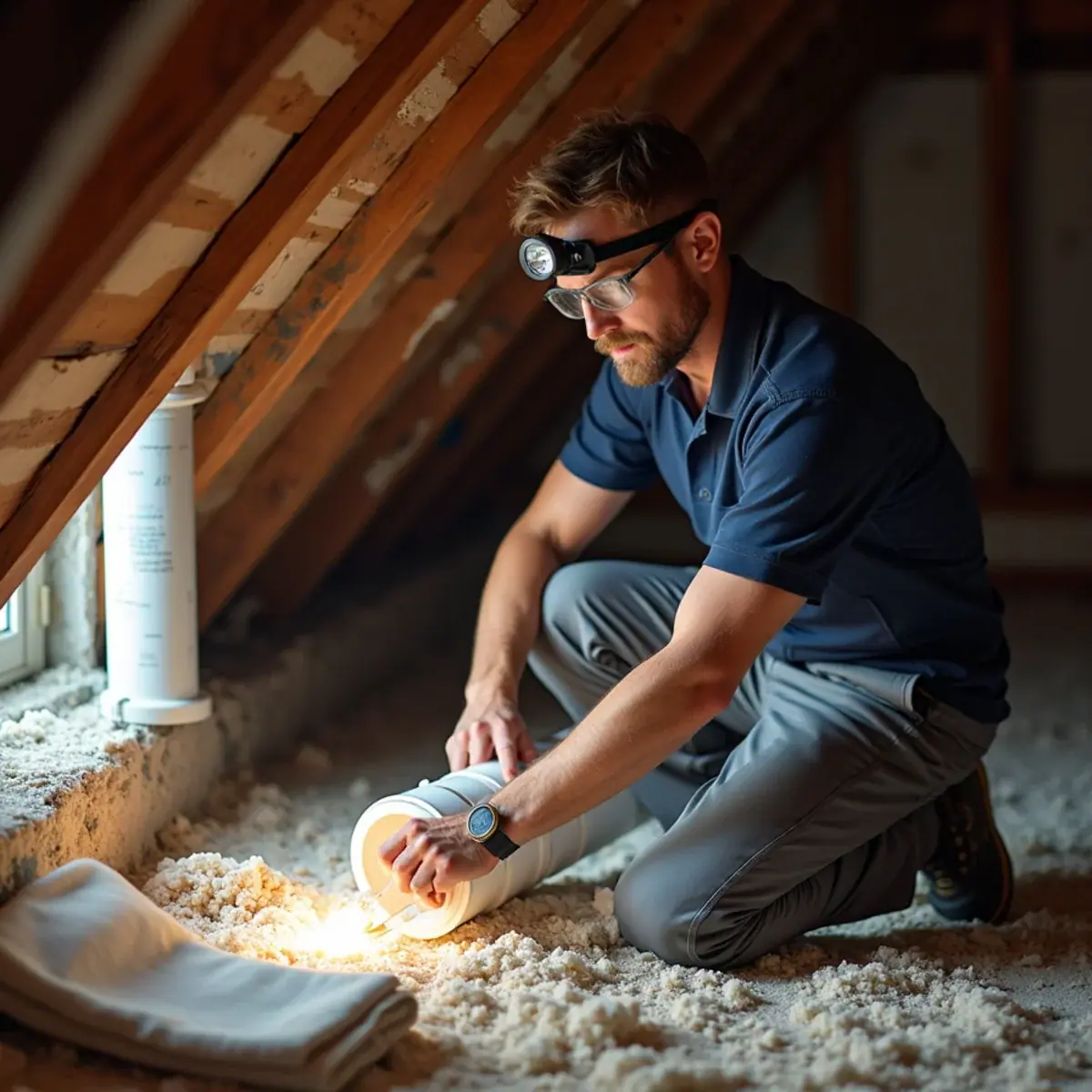 Technician inspecting original attic ductwork in a block home in Sarasota Springs, FL