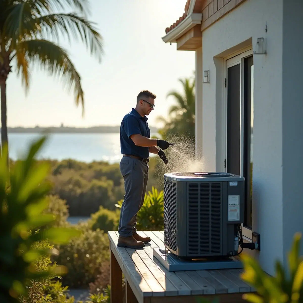 Coastal AC condenser on an elevated platform at a home in Siesta Key, FL